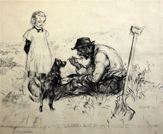 Edmund Blampied (1886-1966) Girl watching the gardener eating his lunch, overall 18.5 x 24in.